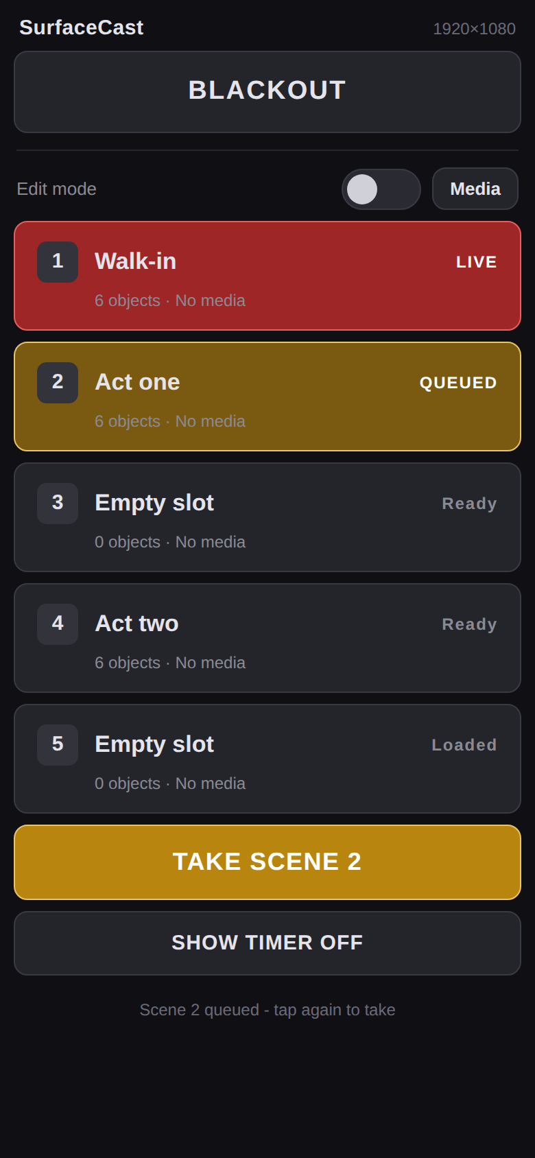 A scene queued on the phone remote