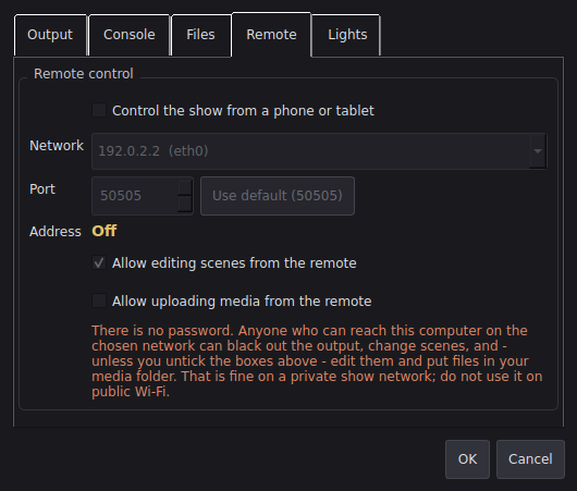 The remote control settings tab
